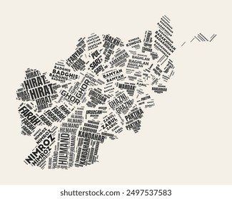 Afghanistan Word Cloud. Country with regions division. Afghanistan typographic text clouds vector image design. Vintage gazette style country shape image. Artistic vector illustration.