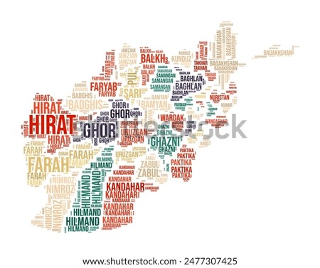 Afghanistan Word Cloud. Country shape with region division. Afghanistan typography style image. Region names tag clouds. Vector illustration.