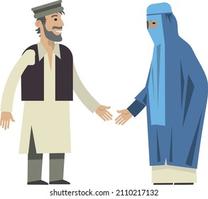 Afghans man and woman in national costumes stand facing each other