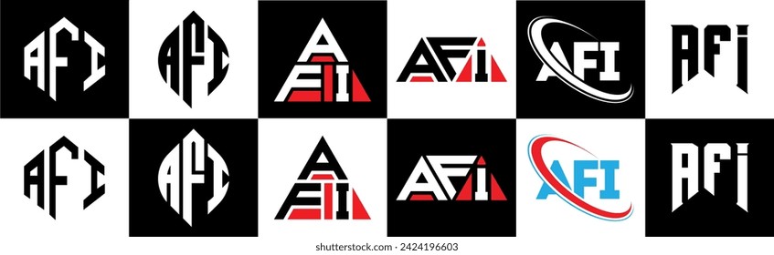 Diseño del logotipo de la carta AFI en seis estilos. polígono AFI, círculo, triángulo, hexágono, estilo plano y sencillo con el logotipo de la letra de variación en color blanco y negro en un tablero. Logo minimalista y clásico de AFI