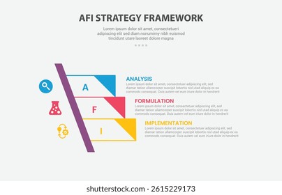 AFI strategy framework infographic outline style with 3 point template with sharp rectangle stairway ladder with triangle edge for slide presentation vector