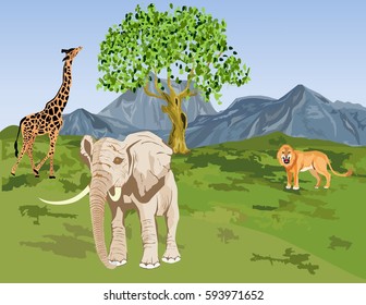 Afican wildlife vector landscape. Elephant, giraffe, lion. 