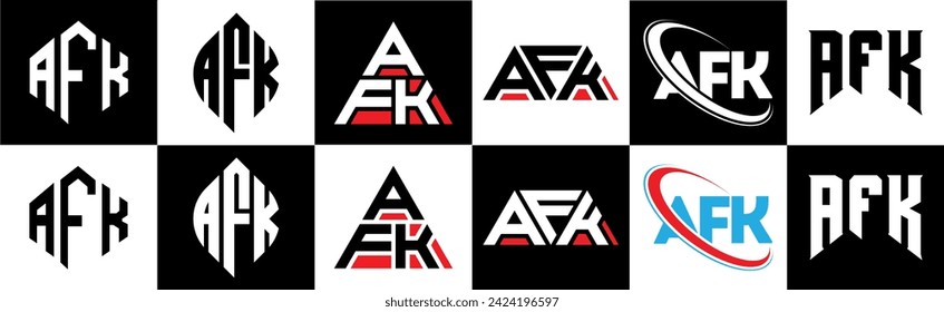 AFK Brief Logo Design in sechs Stil. AFK Polygon, Kreis, Dreieck, Hexagon, flacher und einfacher Stil mit schwarz-weißem Farbänderungslogo in einem Zeichenbrett. AFK minimalistisches und klassisches Logo