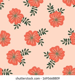 aFloral seamless pattern with hand drawn flowers. Pink and maroon stylized flowers on a white background. Doodle kids style. Cute artistic texture, background for fabric print, wallpaper, gift wrap.