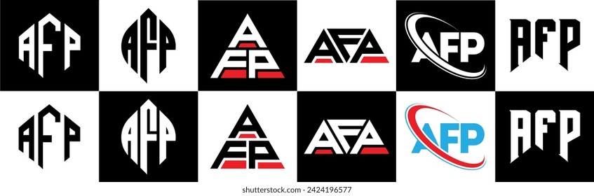 AFP Brief Logo Design in sechs Stil. AFP Polygon, Kreis, Dreieck, Hexagon, flacher und einfacher Stil mit schwarz-weißem Farbänderungslogo in einem Zeichenbrett. AFP minimalistisches und klassisches Logo