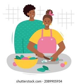 Una mujer y un hombre afroamericanos están cocinando una ensalada de verduras. Los negros preparan comida saludable en la cocina. Aislar sobre un fondo blanco. Ilustración vectorial moderna en estilo plano de caricatura. 