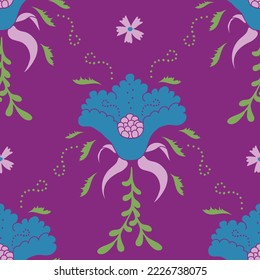 Afra, a vector purple seamless pattern. Big cerulean flower on a purple background. Great for woman's apparel, curtains and pillows. Part of Bavarian Bijou Collection by Last Island Art.