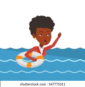 Afraid african business woman with lifebuoy sinking. Frightened business woman sinking and asking for help. Concept of failure in business. Vector flat design illustration isolated on white background