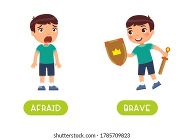 Afraid And Brave Antonyms Word Card Vector Template. Flashcard For English Language Learning. Opposites Concept. Boy Is Frightened , A Heroic Child With A Shield And A Sword.