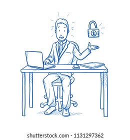 Afraid Business Man, Employee At His Desk With Laptop, Tablet Looking Stressed Because Of Lack Of Security, Data Theft.  Hand Drawn Line Art Cartoon Vector Illustration