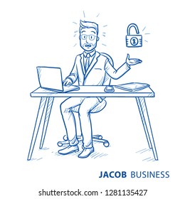 Afraid Business Man, Employee At His Desk With Laptop, Tablet Looking Stressed Because Of Lack Of Security, Data Theft.  Hand Drawn Blue Line Art Cartoon Vector Illustration