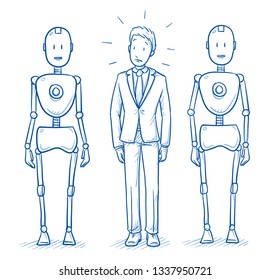 Afraid business man standing between two humanoid robots feeling uncomfortable. Concept for fear of being replaced by artificial intelligence. Hand drawn blue line art cartoon vector illustration. 