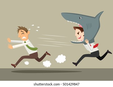 Afraid businessman running away from man dressed costume of shark, vector illustration cartoon