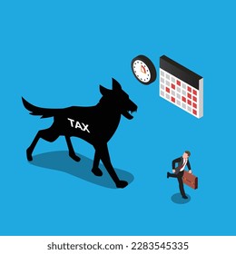 Afraid businessman runs away from angry dog with taxes written on it isometric 3d vector illustration concept for banner, website, illustration, landing page, flyer, etc.