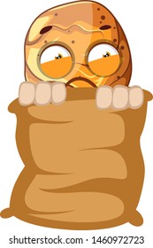 Afraid chicken leg hiding in the sack, illustration, vector on white background.
