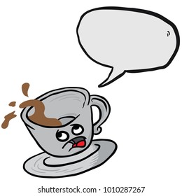 afraid coffee cup spill with speech bubble cartoon illustration isolated on white