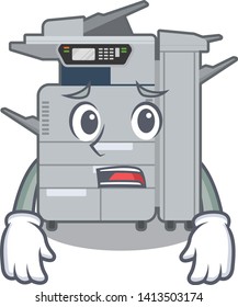 Afraid copier machine above mascot wood table