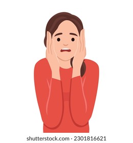 I'm afraid. Fright. Woman afraid and scared panic holding her head. Flat vector illustration isolated on white background