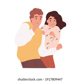 Afraid And Frightened Couple Of People Shaking With Fear. Man And Woman With Scared Face Expression. Shocked Horrified Friends. Colored Flat Cartoon Vector Illustration Isolated On White Background.