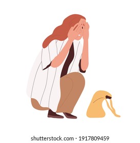 Afraid and frightened person crouched in fear and hide face with palms. Terrified woman with scared facial expression. Colored flat cartoon vector illustration isolated on white background.