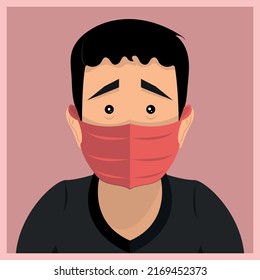 Afraid kid with protection mask flat vector illustration. Children wearing medical mask to prevent disease, flu, air pollution, contaminated air, world pollution. Premium vector for kids