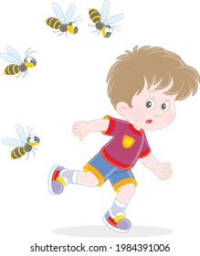 Afraid little boy running away from a swarm of angry wasps flying and humming around him, vector cartoon illustration isolated on a white background