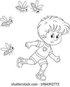Afraid little boy running away from a swarm of angry wasps flying and humming around him, black and white outline vector cartoon illustration for a coloring book page