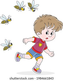 Afraid little boy running away from a swarm of angry wasps flying and humming around him, vector cartoon illustration isolated on a white background