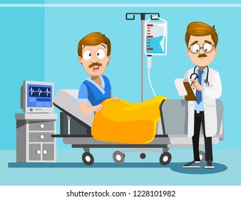Afraid man in intensive therapy ward. Doctor in uniform diagnoses patient. Sick patient lying in modern clinic room with cardiac monitor and medical drip. People hospitalization vector illustration.