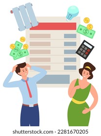 Afraid married couple with huge utility bill vector illustration. Cartoon drawing of man and woman with money, calculator, heating and electricity symbols. Family budget, finances, economy concept