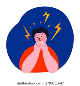 Afraid Nervous Trembling Man, Panic Attack. Worried Scared Person Can with Disturbance, Fever, Fear,Psychosis. Neurotic Alarm Frustrated, Phobia. Scared Psyco Stressed Shakes. Flat Vector Illustration