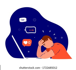 Afraid Nervous Worried Children,Panic Attack.Disappointed Depressed Child.Teenager Boy, Zero Like,Dislike. Worried, Sad Anxited Frustrated.Upset Stressed Adolescent.Teen Child.Flat Vector Illustration