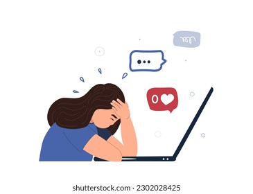 Afraid Nervous Worried Girl in Emotional Burnout and Panic Attack.Disappointed Depressed Child.Zero Like,Dislike.Sad Anxited Frustrated Kid.Sensitive Upset Stressed Teen Child.Flat Vector Illustration