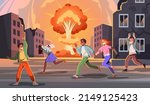 Afraid people running away. City destroyed war, streets explosions, scared residents fleeing in panic, broken buildings, scared couple, scream characters, vector cartoon flat isolated concept