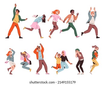 Afraid people running. Shocked reaction, escape from sudden problem, frightened characters, horrified adults, terrified children, young men and women with kids, vector cartoon flat set