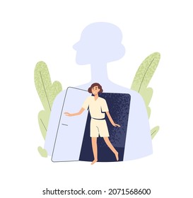 Afraid person go out into world overcoming fear and anxiety, release true self and getting rid of phobias. Psychological concept of becoming free. Flat vector illustration isolated on white background