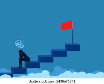 Afraid of progress. Depressed businessman giving up on stairs to success goal 