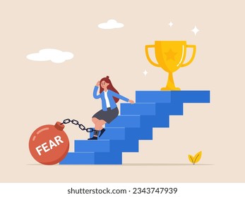 Afraid of progress forward concept. Depressed businesswoman sitting on stairway to success goal. Fear of failure, anxiety or stressed, negative emotion in career development. 