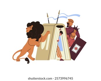 Afraid reader hides in book house. Tiny person is in fear by scary story about ancient wars, gladiators, lions. Concept of reading literature. Flat isolated vector illustration on white background