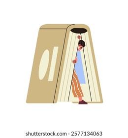 Afraid reader hides in book house. Tiny person is in fear by scary novel, terrified by thriller story. Concept of reading horror literature. Flat isolated vector illustration on white background