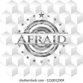 Afraid retro style grey emblem with geometric cube white background