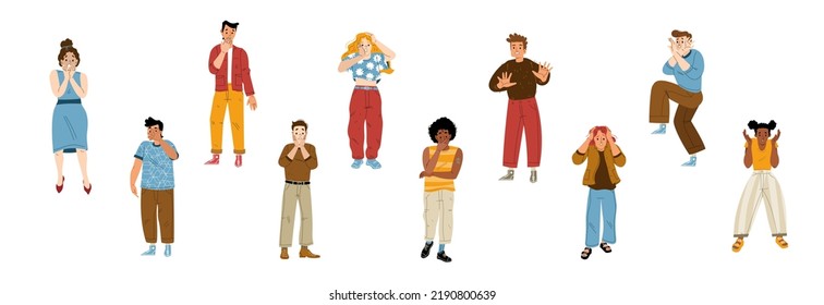 Afraid, scared people in shock, panic and stress. Diverse persons with terrified, frightened, surprised and nervous face expression isolated on white background, vector flat illustration