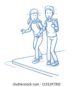 Afraid school girl and boy with school bags, being afraid to cross the street. Concept for traffic danger on the way to school. Hand drawn line art cartoon vector illustration