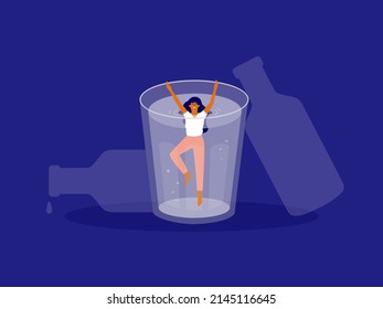 Afraid woman drowning in glass of alcohol. Female alcoholism concept. Drunk wife or alcoholic mother asking for help. Social issue, drinker abuse, addiction. Empty drink bottles vector Illustration