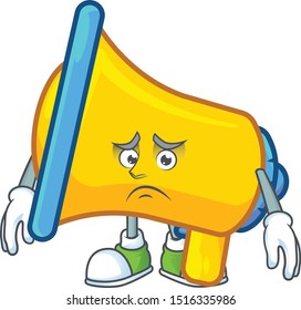 Afraid yellow loudspeaker mascot on white background