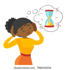 Afraid young african-american business woman looking at hourglass and worrying about deadline terms. Time management and deadline concept. Vector cartoon illustration isolated on white background.
