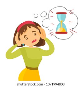 Afraid young caucasian white business woman looking at hourglass and worrying about deadline terms. Time management and deadline concept. Vector cartoon illustration isolated on white background.