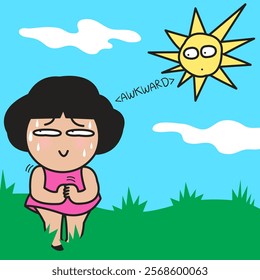 Afraid Young Lady Awkward Attempts To Hide From The Sun's Rays Concept Cartoon Character illustration