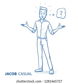 Afraid young man in casual clothes spreading his arms with thought bubble. Hand drawn blue line art cartoon vector illustration. 