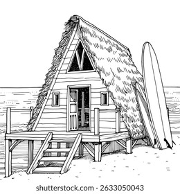 A-frame beach hut with surfboards by the ocean shore